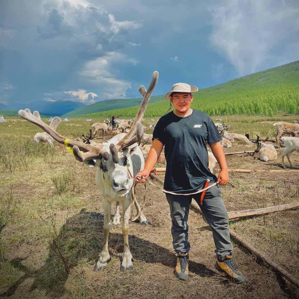 Erdenebat with reindeer in northern Mongolia